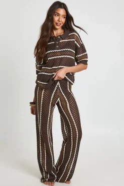 Ensemble Coordonné Chemise Boutonnée Et Pantalon Large À Rayures En Crochet Pour La Plage