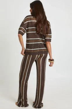 Ensemble Coordonné Chemise Boutonnée Et Pantalon Large À Rayures En Crochet Pour La Plage
