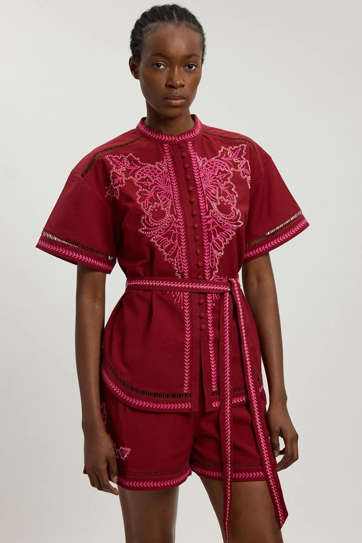Ensemble Coordonné Chemise Brodée De Perles En Mélange De Lin