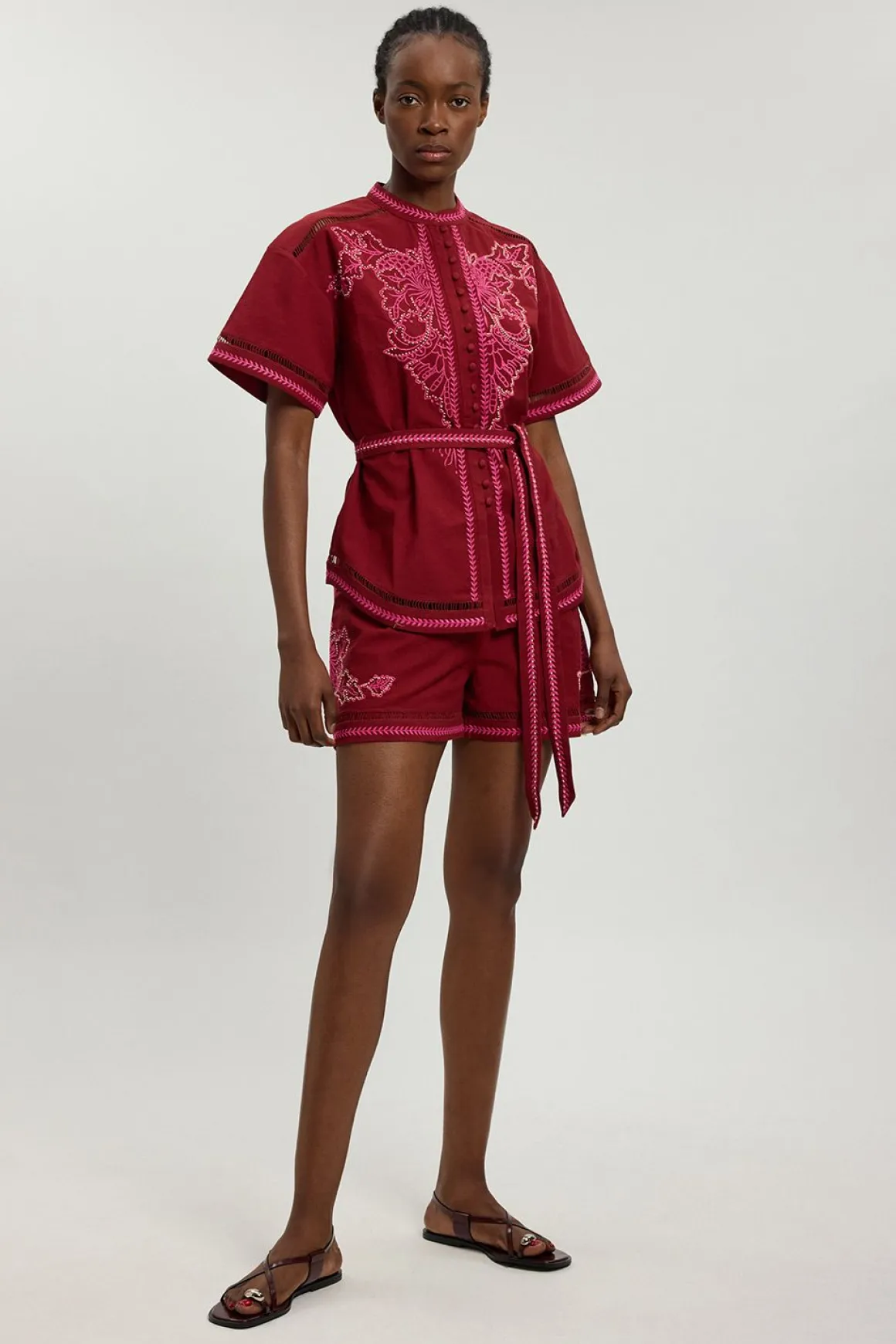 Ensemble Coordonné Chemise Brodée De Perles En Mélange De Lin