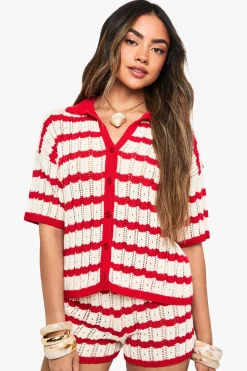Ensemble Coordonné Chemise À Col Et Short En Crochet Rayé