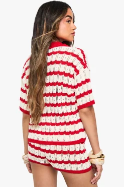 Ensemble Coordonné Chemise À Col Et Short En Crochet Rayé