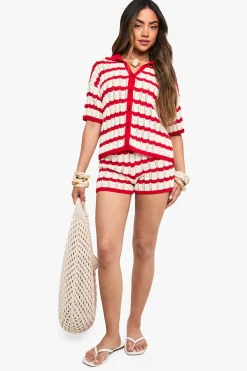 Ensemble Coordonné Chemise À Col Et Short En Crochet Rayé