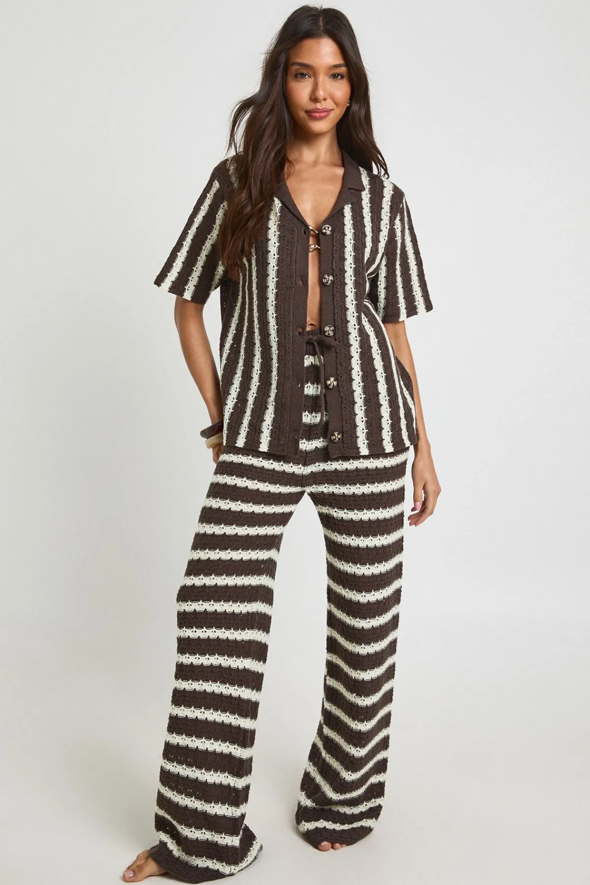 boohoo Ensemble Coordonné Chemise Oversize Et Pantalon Au Crochet À Rayures Épaisses<Femme Tenues De Plage|Pulls Et Gilets
