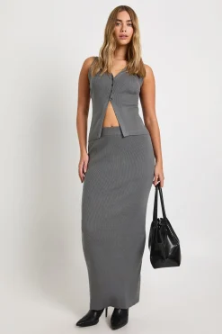 boohoo Ensemble coordonné composé d'un gilet tricoté à côtes épaisses à col en V et d'une jupe maxi<Femme Pulls Et Gilets|Toutes Les Mailles