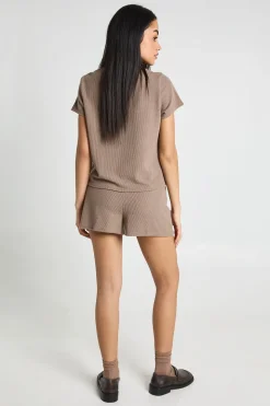 Ensemble Coordonné Côtelé Haut Court À Manches Courtes Boutonné Et Short