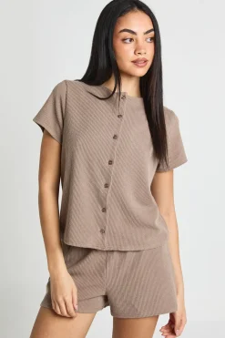 Ensemble Coordonné Côtelé Haut Court À Manches Courtes Boutonné Et Short