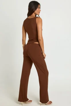 Ensemble Coordonné Côtelé Ultra Doux Top Asymétrique Et Pantalon Droit