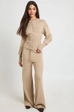 Ensemble Coordonné En Maille Cardigan Taille Cintrée Et Pantalon Large
