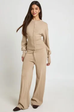 Ensemble Coordonné En Maille Cardigan Taille Cintrée Et Pantalon Large