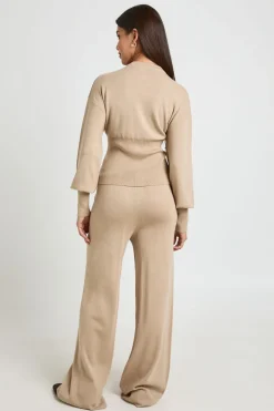 Ensemble Coordonné En Maille Cardigan Taille Cintrée Et Pantalon Large