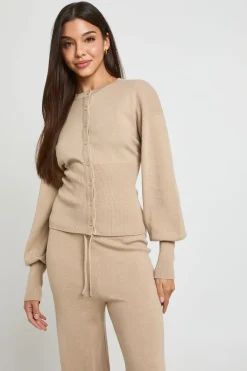 Ensemble Coordonné En Maille Cardigan Taille Cintrée Et Pantalon Large