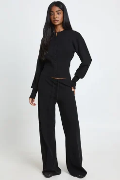 Ensemble Coordonné En Maille Cardigan Taille Cintrée Et Pantalon Jambes Larges