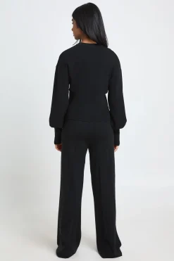 Ensemble Coordonné En Maille Cardigan Taille Cintrée Et Pantalon Jambes Larges