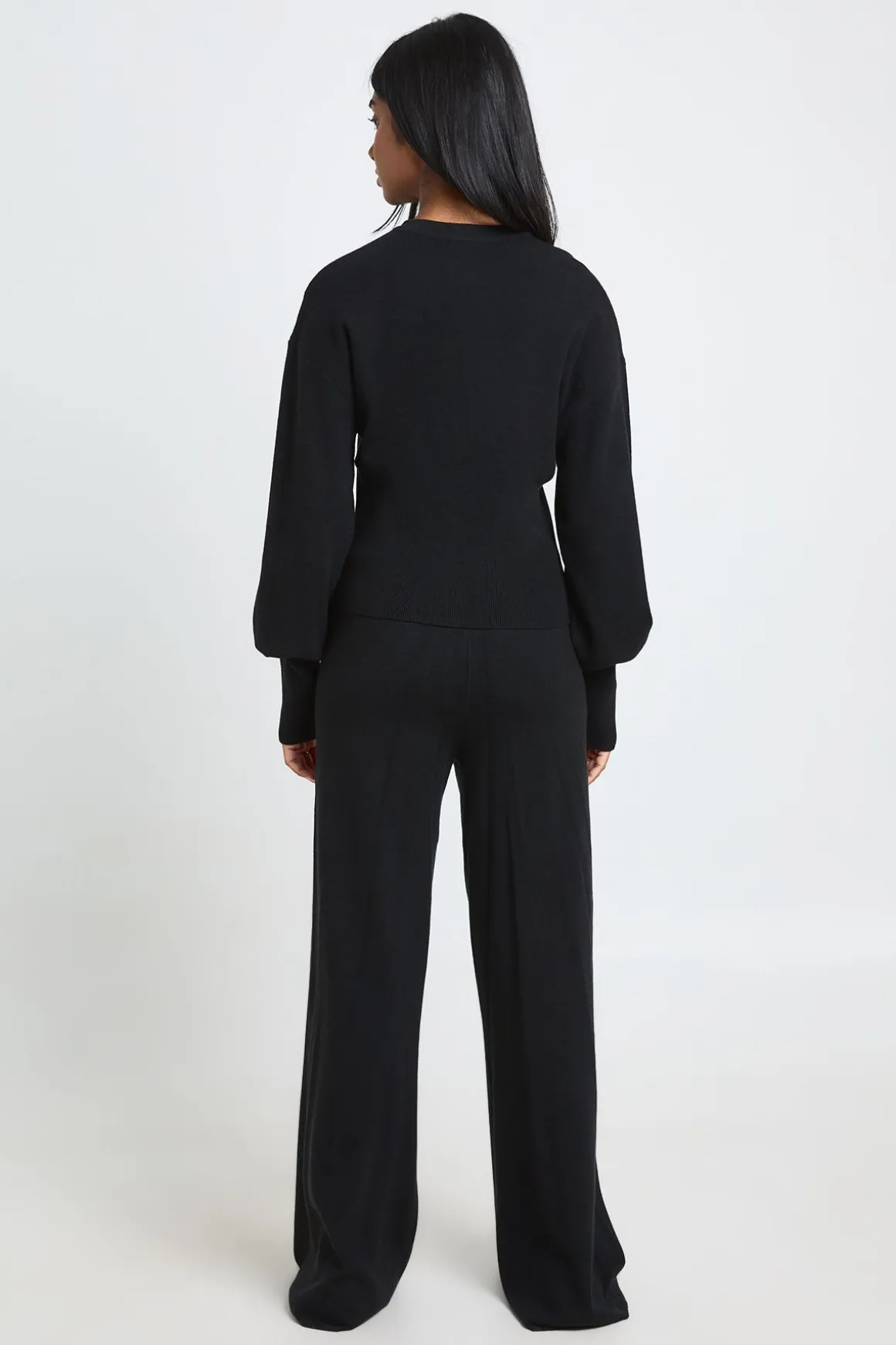 Ensemble Coordonné En Maille Cardigan Taille Cintrée Et Pantalon Jambes Larges