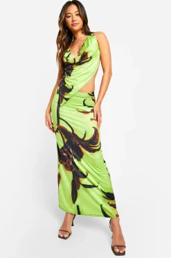 Ensemble coordonné floral à grand motif en tissu fluide, top à encolure drapée et jupe maxi