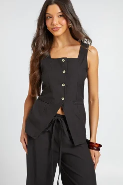 Ensemble Coordonné Gilet Col Carré Et Pantalon Large Tailleur Effet Lin