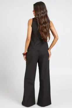 Ensemble Coordonné Gilet Col Carré Et Pantalon Large Tailleur Effet Lin