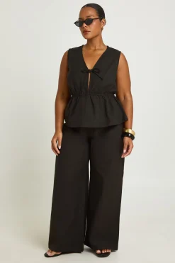Ensemble Coordonné Grande Taille Haut Long En Lin À Nouer Sur Le Devant Et Pantalon
