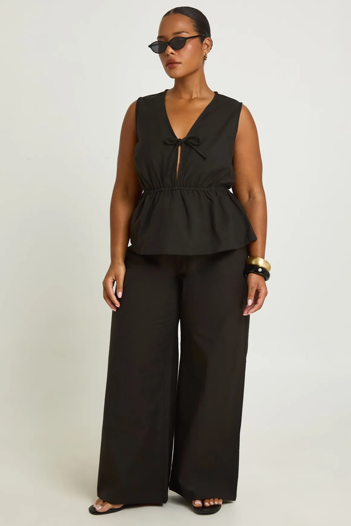 Ensemble Coordonné Grande Taille Haut Long En Lin À Nouer Sur Le Devant Et Pantalon