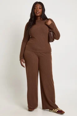 boohoo Ensemble Coordonné Grande Taille Haut Manches Longues Côtelé Bicolore Et Pantalon Jambes Larges<Femme Looks Chocolat|Ensembles