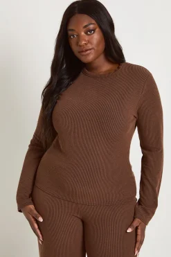 boohoo Ensemble Coordonné Grande Taille Haut Manches Longues Côtelé Bicolore Et Pantalon Jambes Larges<Femme Looks Chocolat|Ensembles