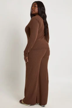 boohoo Ensemble Coordonné Grande Taille Haut Manches Longues Côtelé Bicolore Et Pantalon Jambes Larges<Femme Looks Chocolat|Ensembles
