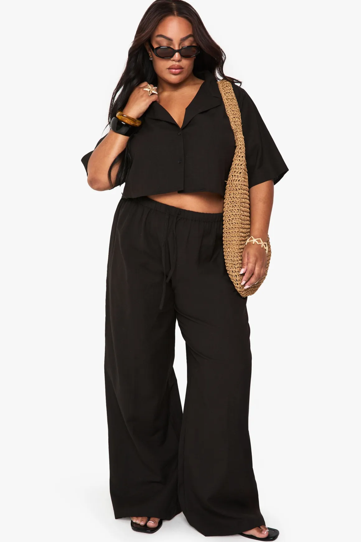 Ensemble coordonné grande taille en lin : Chemise crop longue et pantalon