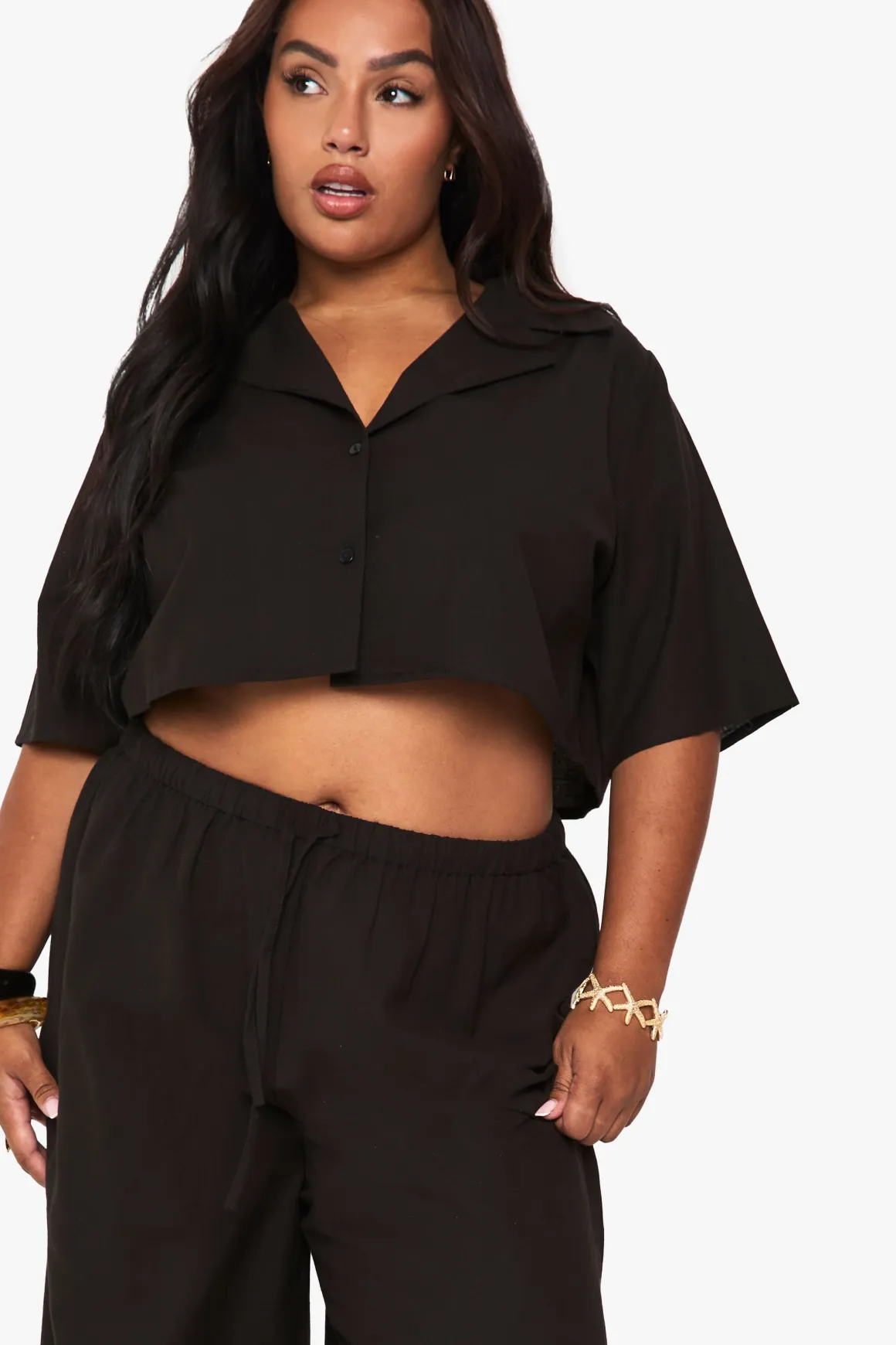 Ensemble coordonné grande taille en lin : Chemise crop longue et pantalon