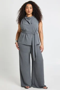 boohoo Ensemble Coordonné Grande Taille Tissé à Manches Longues Col Bénitier et Pantalon Ceinturé<Femme Ensembles