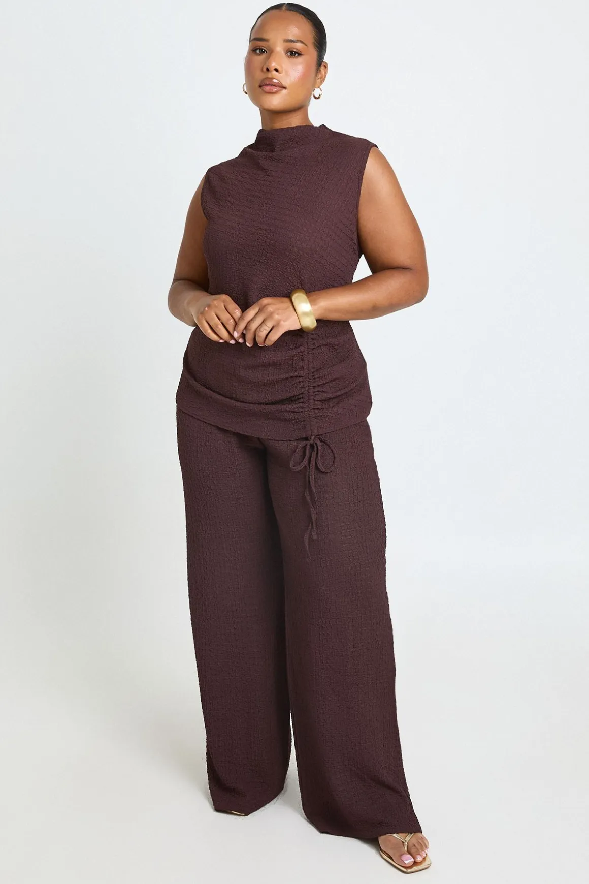 Ensemble Coordonné Grande Taille Top Body Froncé Et Pantalon Jambes Larges