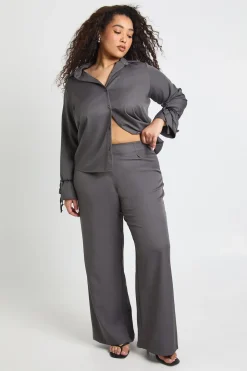 Ensemble Coordonné Grande Taille Chemise Tissée et Pantalon avec Détail Poignets à Nouer