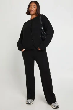 Ensemble Coordonné Grande Taille Cardigan Tricoté Ample Col Rond et Pantalon Large