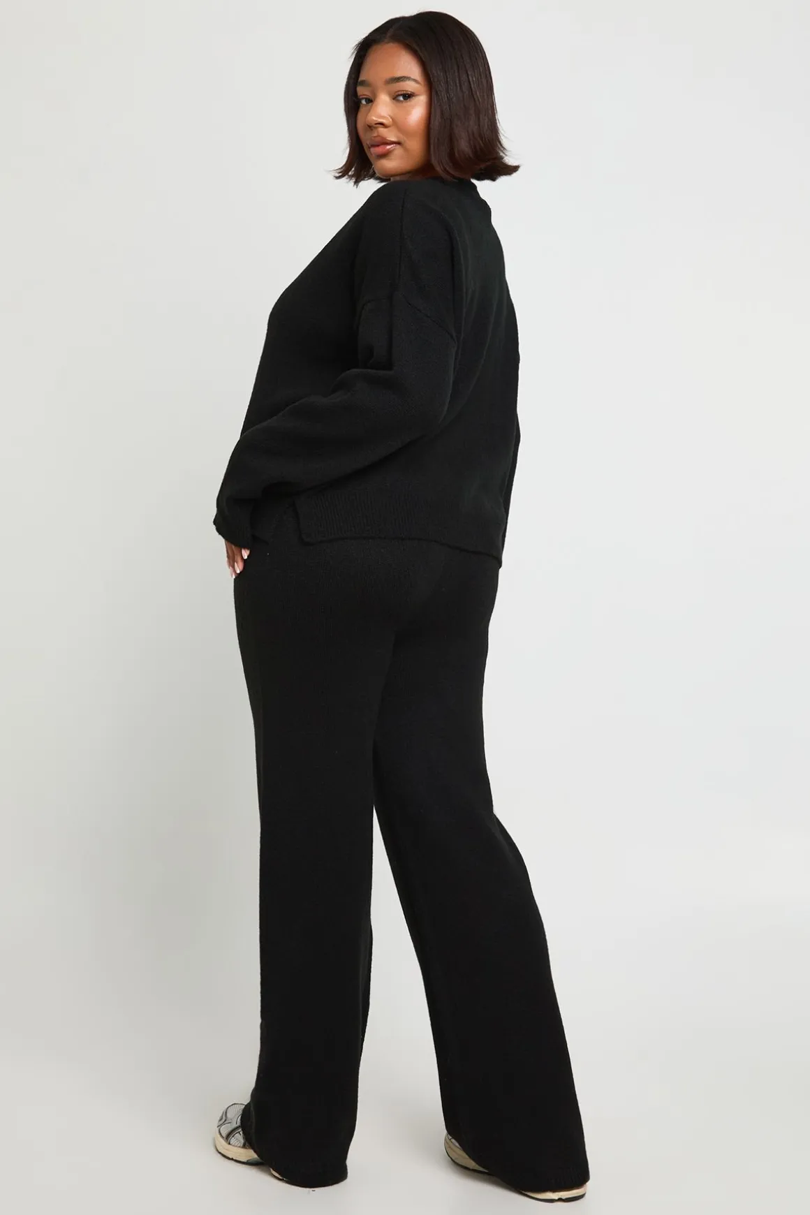 Ensemble Coordonné Grande Taille Cardigan Tricoté Ample Col Rond et Pantalon Large