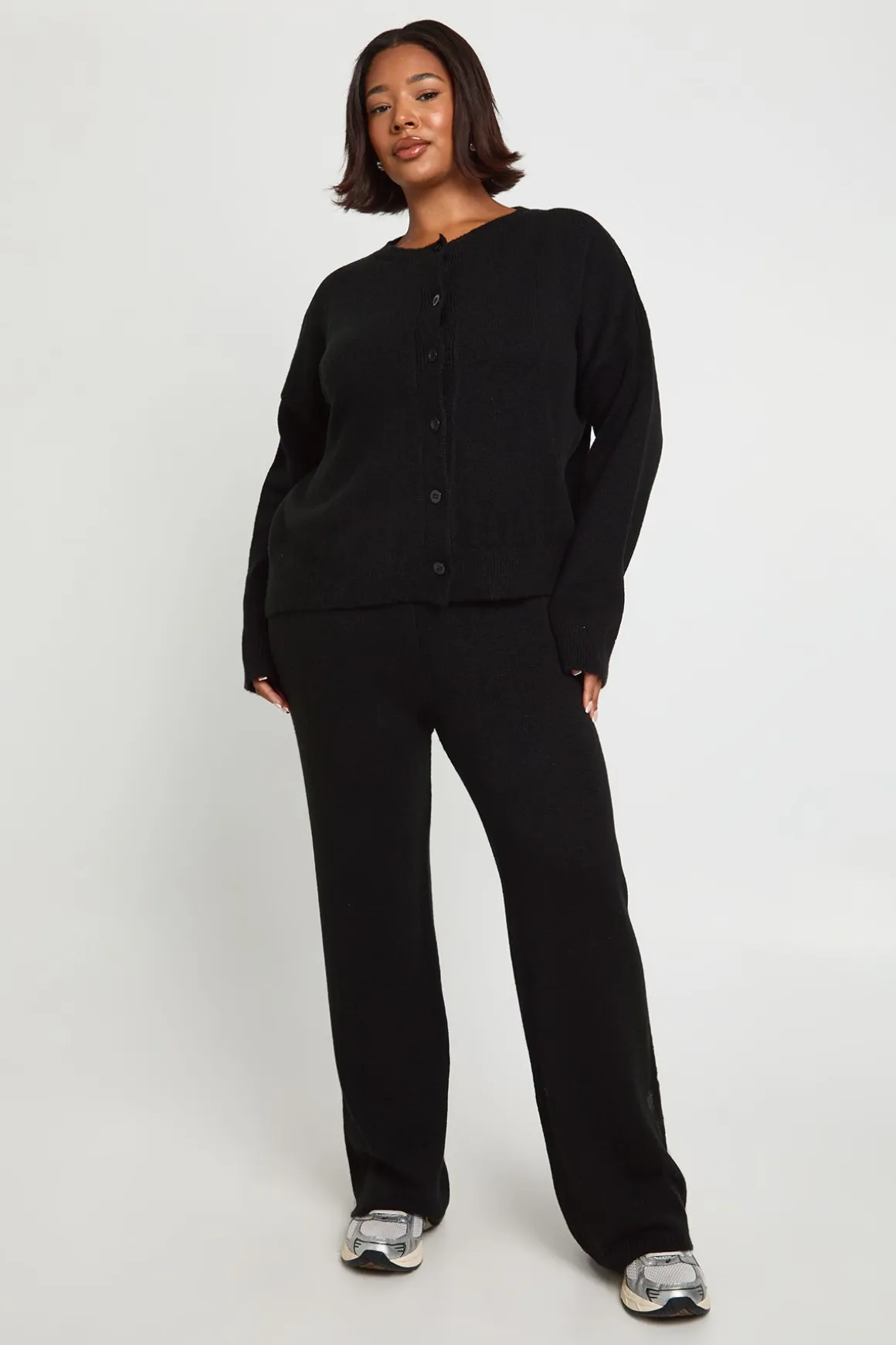 Ensemble Coordonné Grande Taille Cardigan Tricoté Ample Col Rond et Pantalon Large