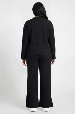 Ensemble Coordonné Grande Taille Haut Col Montant Ample Et Pantalon Côtelé Brossé