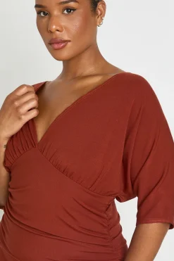 boohoo Ensemble Coordonné Grande Taille Haut Côtelé Col V Chauve-souris Et Pantalon Large<Femme Ensembles