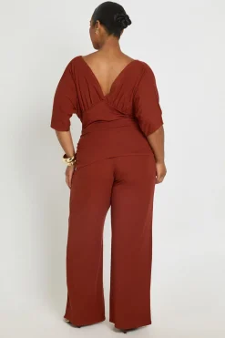 boohoo Ensemble Coordonné Grande Taille Haut Côtelé Col V Chauve-souris Et Pantalon Large<Femme Ensembles