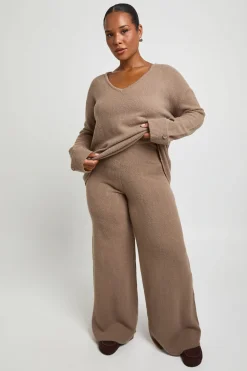 Ensemble Coordonné Grande Taille Synthétiquell Col V À Poignets Boutonnés Et Pantalon Large