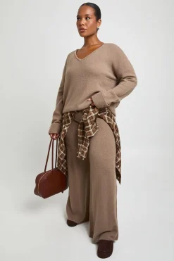 Ensemble Coordonné Grande Taille Synthétiquell Col V À Poignets Boutonnés Et Pantalon Large