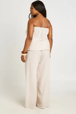 Ensemble Coordonné Grande Taille À Rayures Aspect Lin Top Bandeau Long Et Pantalon Jambes Ultra Larges