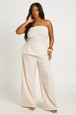 Ensemble Coordonné Grande Taille À Rayures Aspect Lin Top Bandeau Long Et Pantalon Jambes Ultra Larges