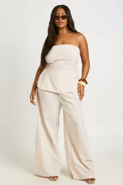Ensemble Coordonné Grande Taille À Rayures Aspect Lin Top Bandeau Long Et Pantalon Jambes Ultra Larges