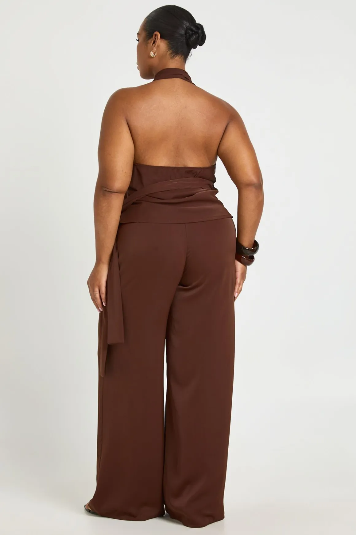 Ensemble Coordonné Grande Taille Avec Top Drapé Col Bénitier Et Pantalon Large