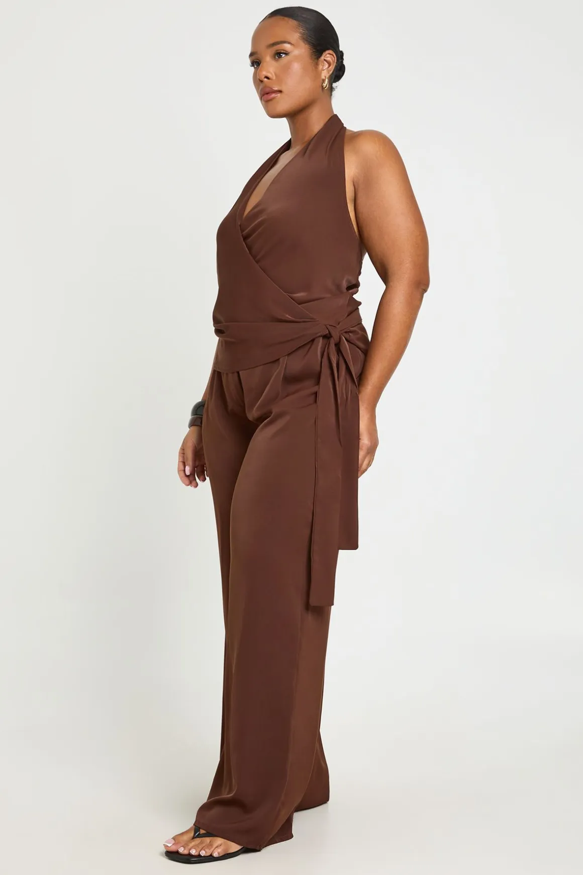 Ensemble Coordonné Grande Taille Avec Top Drapé Col Bénitier Et Pantalon Large