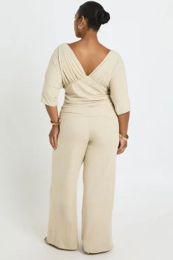 Ensemble Coordonné Grande Taille Haut Côtelé Col V Chauve-souris Et Pantalon Large