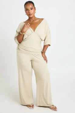 Ensemble Coordonné Grande Taille Haut Côtelé Col V Chauve-souris Et Pantalon Large