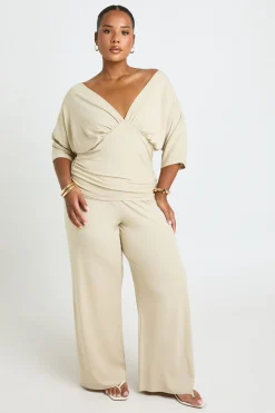 Ensemble Coordonné Grande Taille Haut Côtelé Col V Chauve-souris Et Pantalon Large