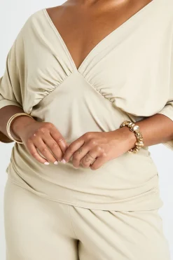 Ensemble Coordonné Grande Taille Haut Côtelé Col V Chauve-souris Et Pantalon Large