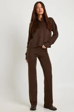 boohoo Ensemble Coordonné Grande Taille Cardigan Long Boutonné en Maille Douce et Pantalon Large<Femme Looks Chocolat|Pulls Et Gilets